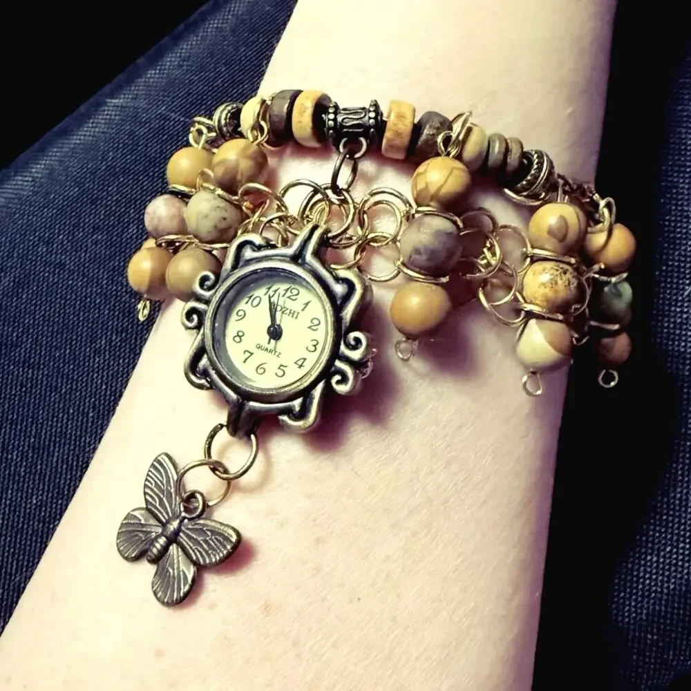 Handmade Boho Butterfly Watch Bracelet NEW Battery Wood & Stone Bead Cuff